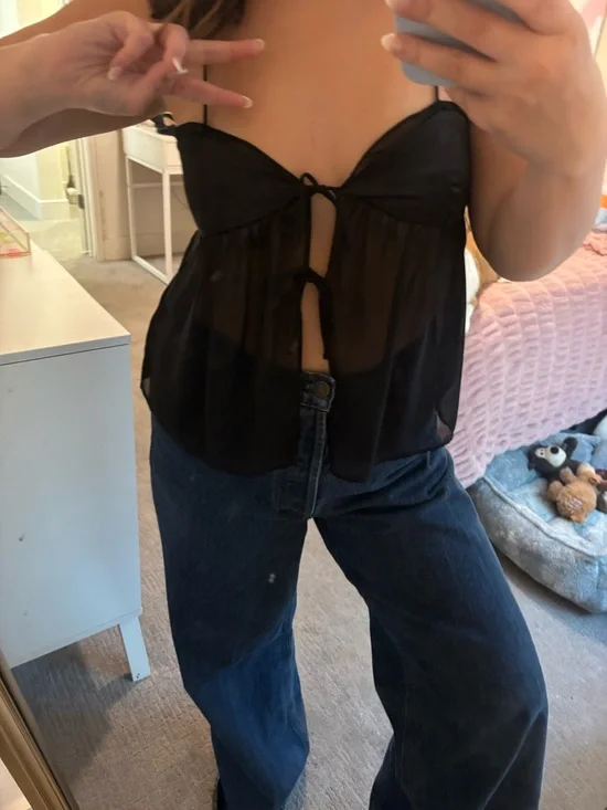 Zara Black Sheer Tie-Front Tank Top - Picture 2 of 3